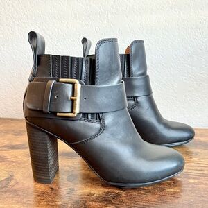 See By Chloe Cappa Ankle Leather Bootie Black Buckle Chunky Heel EU Size 37 1/2